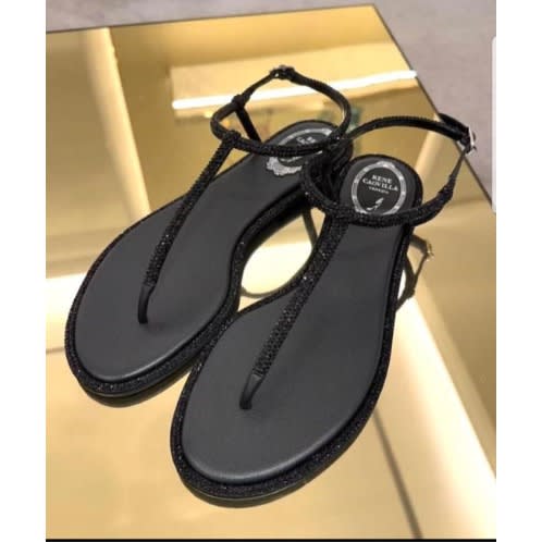 Ladies black flat sandals online