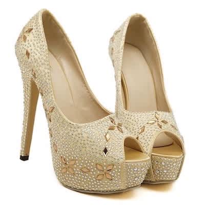 Gold prom shoes with rhinestones top