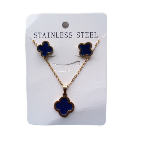 Fashion Jewelry VCA Clover Pendant Necklace With Stud Earring Jewelry Set Navy Blue Konga Online Shopping