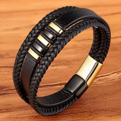 Men 3 Layer  Leather Bracelet -Black.