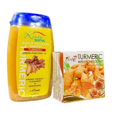 Kuu Spa Tumeric Salt Scrub Bath - 450ml And Soft7 Turmeric & Honey Soap - 100g.