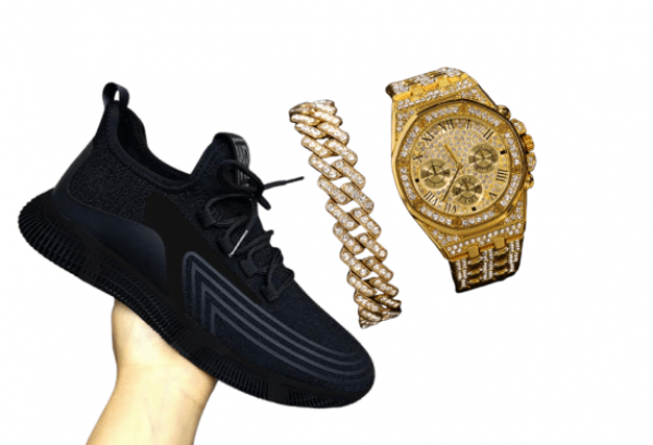 Black Men Sneakers And Wristwatch Bundle.