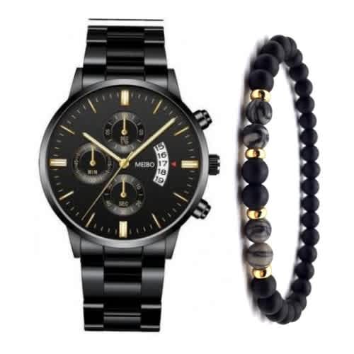 2 In 1 Unisex Wristwatch With Bracelets - Black.