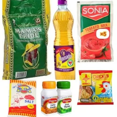 Rice 5kg - Oil 900ml - Tomato Paste 5 Sachet - Maggi Chicken 1pack - Salt 500g Curry & Thyme.