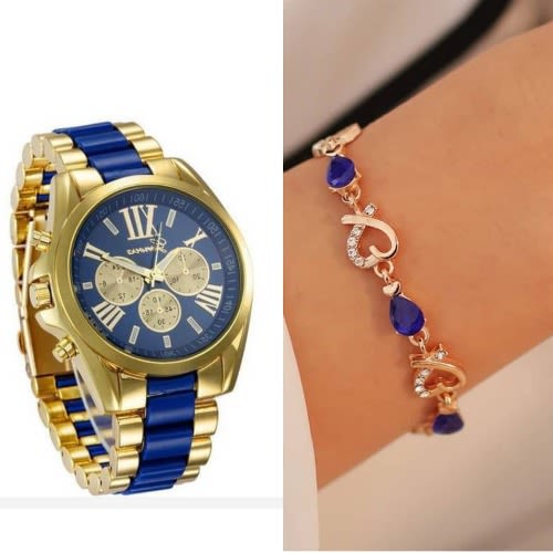 2 In 1 Ladies' Wrist Watch With Bracelet- Blue.