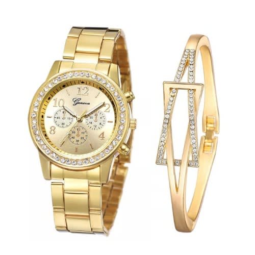 2 In 1 Women Wrist Watch With Bracelet-Gold.