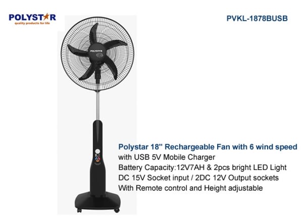 Polystar 18" Rechargeable Stand Fan With Remote Control -Black - PVKL 1878BUSB