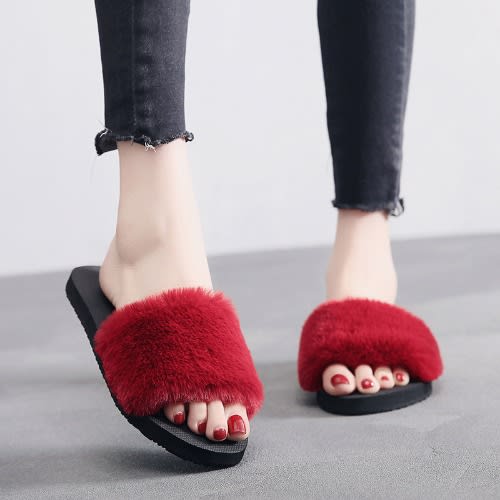 Red faux fur slides on sale