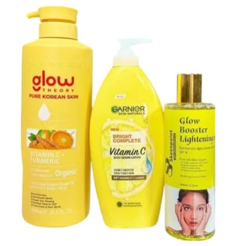 Glow theory Turmeric body wash 1000ml + Garnier vitamin c lotion 400ml + Glow booster oil 300ml.