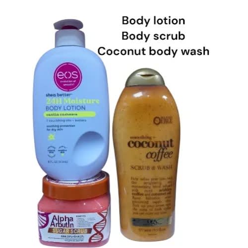 3in 1 Combo Eos Body Lotion 473ml + Body Scrub 650g + Cooffee Scrub 500ml.