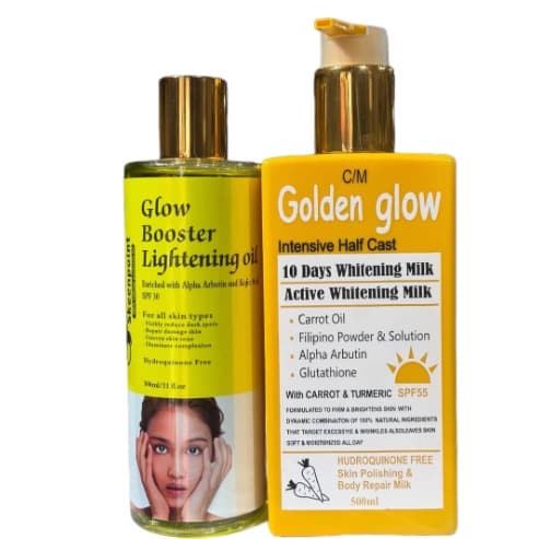 Glow Booster Lightening Body Oil 400ml & Golden Glow Active Whitening Lotion 500ml.