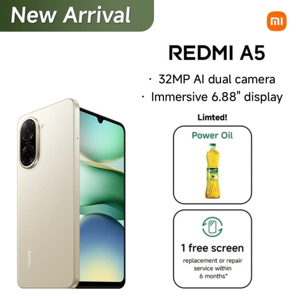 Xiaomi Redmi A5 - 6.88"- 64gb Rom - 3gb Ram- 32mp- 5200mah- Gold + Free 1ltr Power Oil.