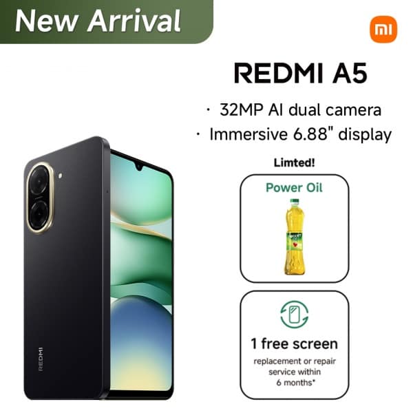 Xiaomi Redmi A5 - 6.88"- 64gb Rom - 3gb Ram- 32mp- 5200mah- Green + Free 1ltr Power Oil.