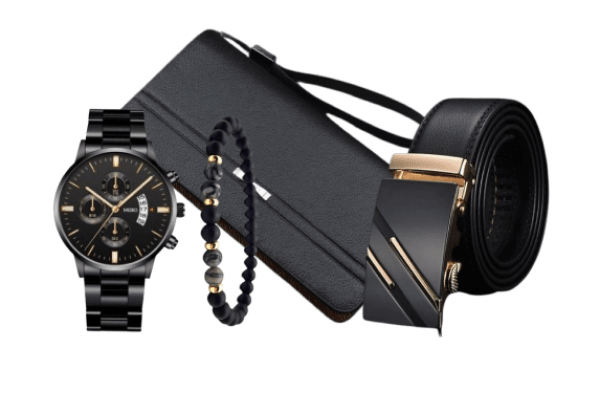 Men Sets Of Wallet + Belt + Wrist Watch + Bracelet.