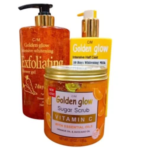 Golden Glow Body Wash 1000ml + Body Scrub 500g + Body Lotion 500ml Set.