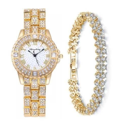 Geneva 2 In 1 Rhinestone Women Female Wrist Watch And Gold Bracelet.