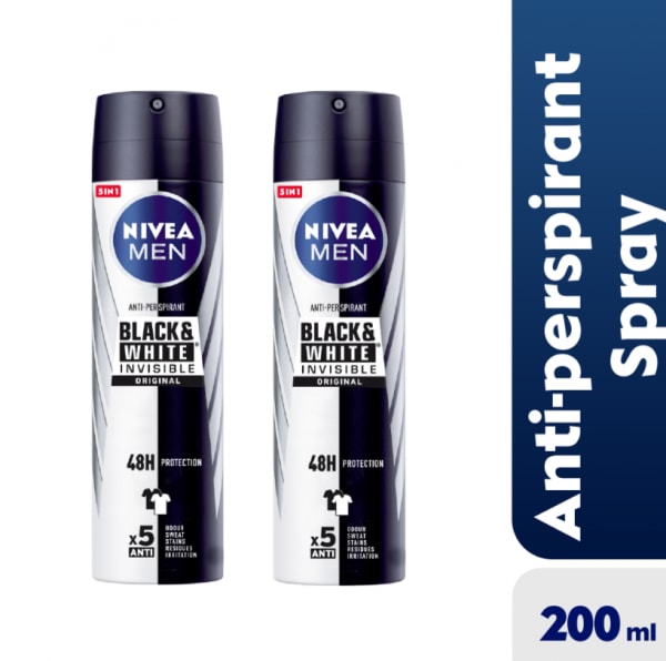 Nivea Black & White Invisible Original Anti-perspirant Spray For Men - 48h - 200ml x 2.