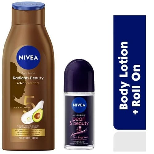 Nivea Radiant & Beauty Advanced Care Body Lotion 400ml + Pearl & Beauty Black Pearl Fine Roll-on 50ml .