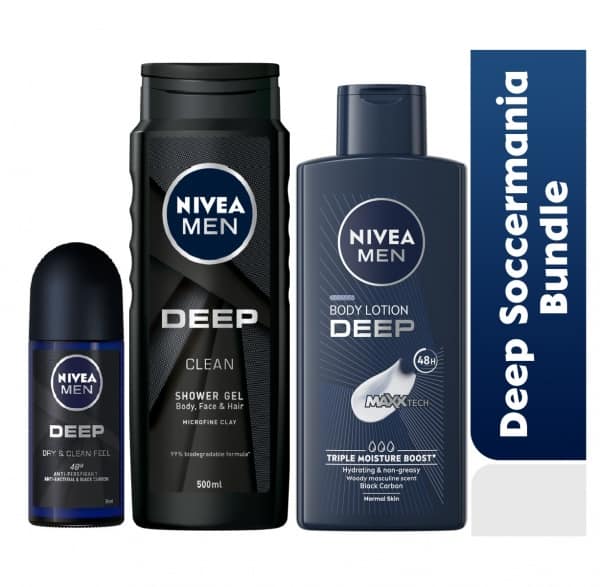 Nivea Deep Soccermania Bundle â 400ml Lotion, 50ml Roll-on, 500ml Shower Gel For Men.