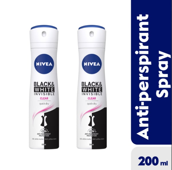 Nivea Black & White Invisible Clear Anti-perspirant Spray For Women, 48h - 200ml - Pack of 2.