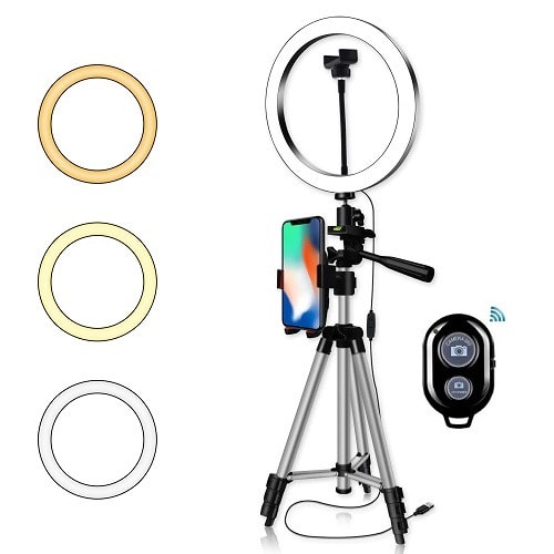 10" USB Charging Ring Light With Phone Holder + 3ft Tripod + Remote & Pole Phone Holder.