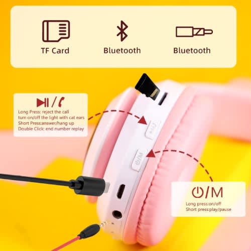 Cat Design Wireless Headphones With Led Lights - Model Stn28 Pink - View 7