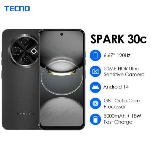 Spark 30C - 6.67" - 128GB ROM - 4+4GB RAM - 4G LTE - Dual SIM - Fingerprint - 5000mAh - Black - View 4