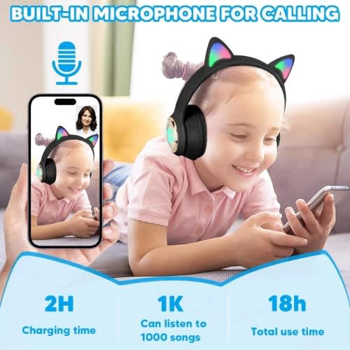 Cat Design Wireless Headphones With Led Lights - Model Stn28 Black - View 3