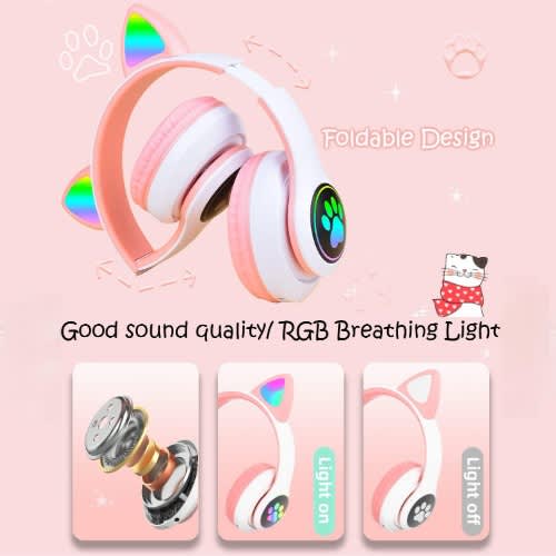 Cat Design Wireless Headphones With Led Lights - Model Stn28 Pink - View 3