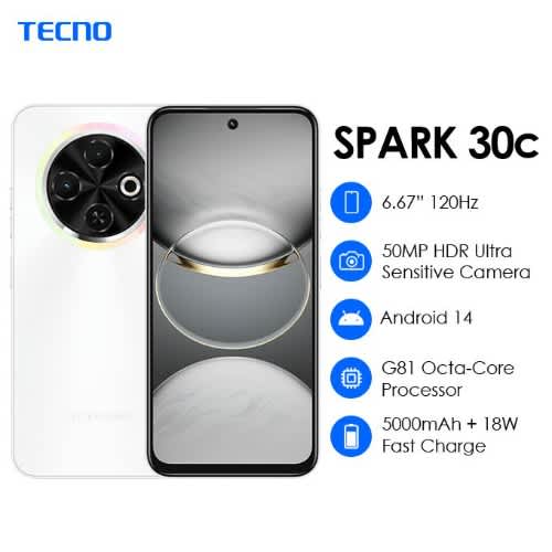 Spark 30C - 6.67" - 128GB ROM - 4+4GB RAM - 4G LTE - Dual SIM - Fingerprint - 5000mAh - White - View 4