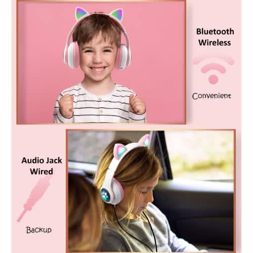 Cat Design Wireless Headphones With Led Lights - Model Stn28 Pink - View 8