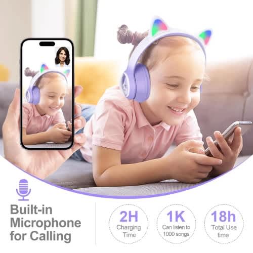 Cat Design Wireless Headphones With Led Lights - Model Stn28 Lilac Purple - View 9