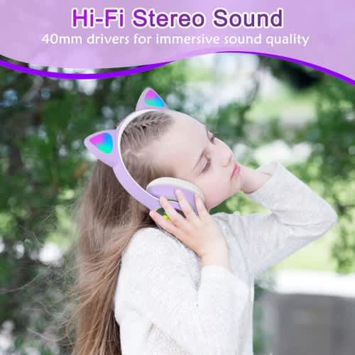 Girls Fun Light-up Cat Ear Headphones- Stn28- Lilac Purple - View 6