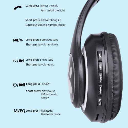 Cat Design Wireless Headphones With Led Lights - Model Stn28 Black - View 6
