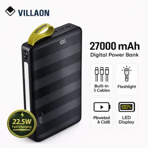 Villaon Power Bank 22.5w Fast Charge – Built-in 3 Cables & Led Display - 27000mAh - View 1