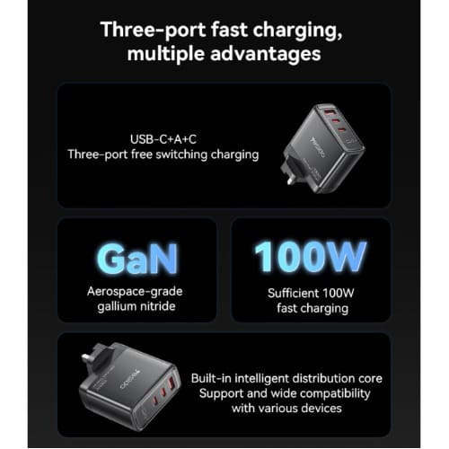 Eu 100w Gan Fast Charger Wall Socket - USB-A+C1+C2 - View 3