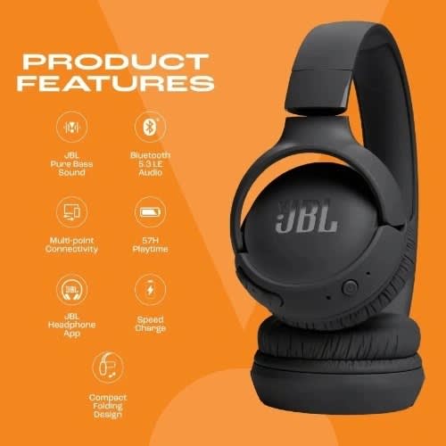 Tune 520 Wireless Bluetooth On-ear Headphones Black - View 3