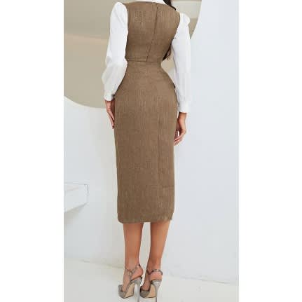 Women's Pinafore With Shirt - Brown & White - View 2