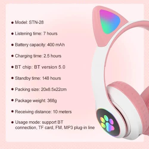 Cat Design Wireless Headphones With Led Lights - Model Stn28 Pink - View 6