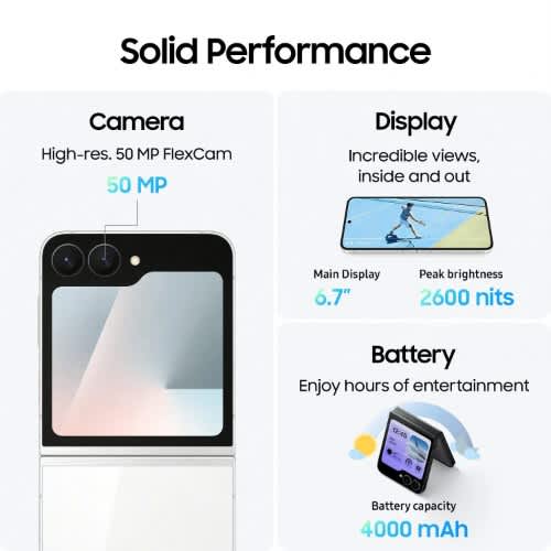 Galaxy Z Flip 7 FE 5G - 6.7" - 128GB ROM - 8GB RAM - Nano SIM - Fingerprint - 4000mAh - White - View 3