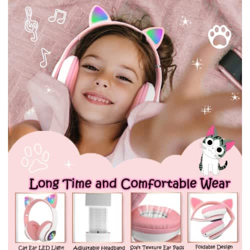 Cat Design Wireless Headphones With Led Lights - Model Stn28 Pink - View 5