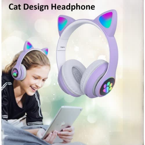 Cat Design Wireless Headphones With Led Lights - Model Stn28 Lilac Purple