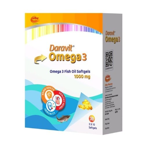 Elbe Daravit Omega-3 Fish Oil Softgels -1000mg - 3 X 10 Softgels