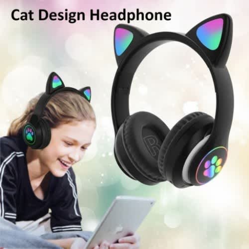Cat Design Wireless Headphones With Led Lights - Model Stn28 Black