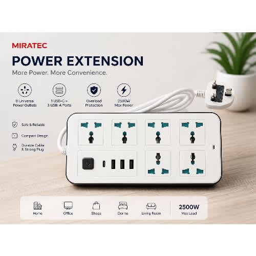 2500w Power Strip With Surge Protection - 6 Power Socket Outlets & 4 Usb Ports-3 Usb + 1 Type-c