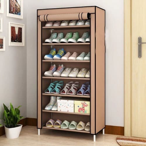 Stainless Shoe Rack + Fabric Cover For 24 Pairs- Brown