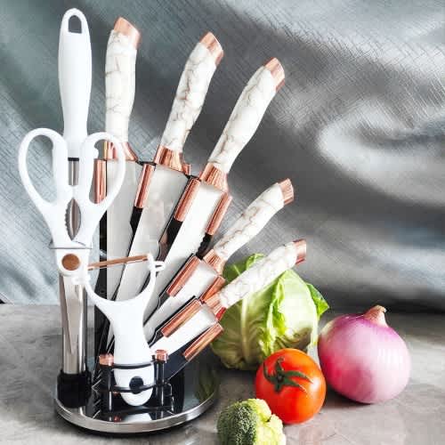 Marble Design Knife Set With Stand - White - 9pcs