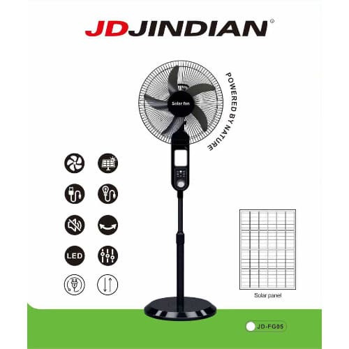 JDJindian 16" Solar Rechargeable Standing Fan With Solar Panel