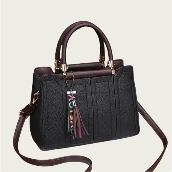 V2 Authentic Pu Leather Striped Handbag With Tassel & Shoulder Straps - Black view 2