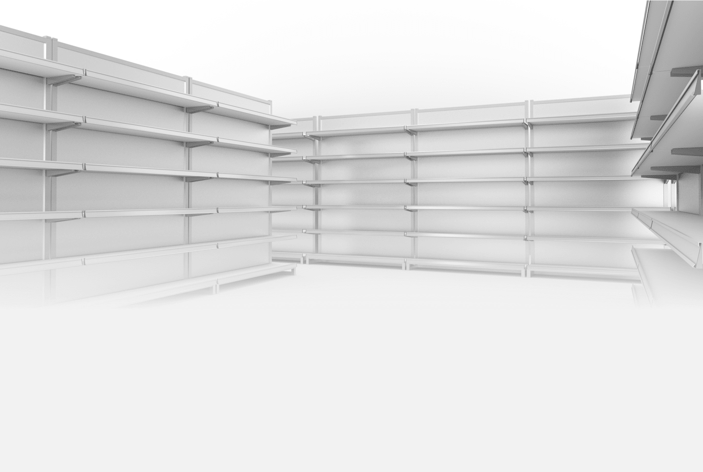 Three white empty display rack fitted adjacent to each other.